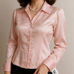 Pink Crinkle Satin Button Down Blouse L Fitted Coquette Romantic Pearl Buttons
